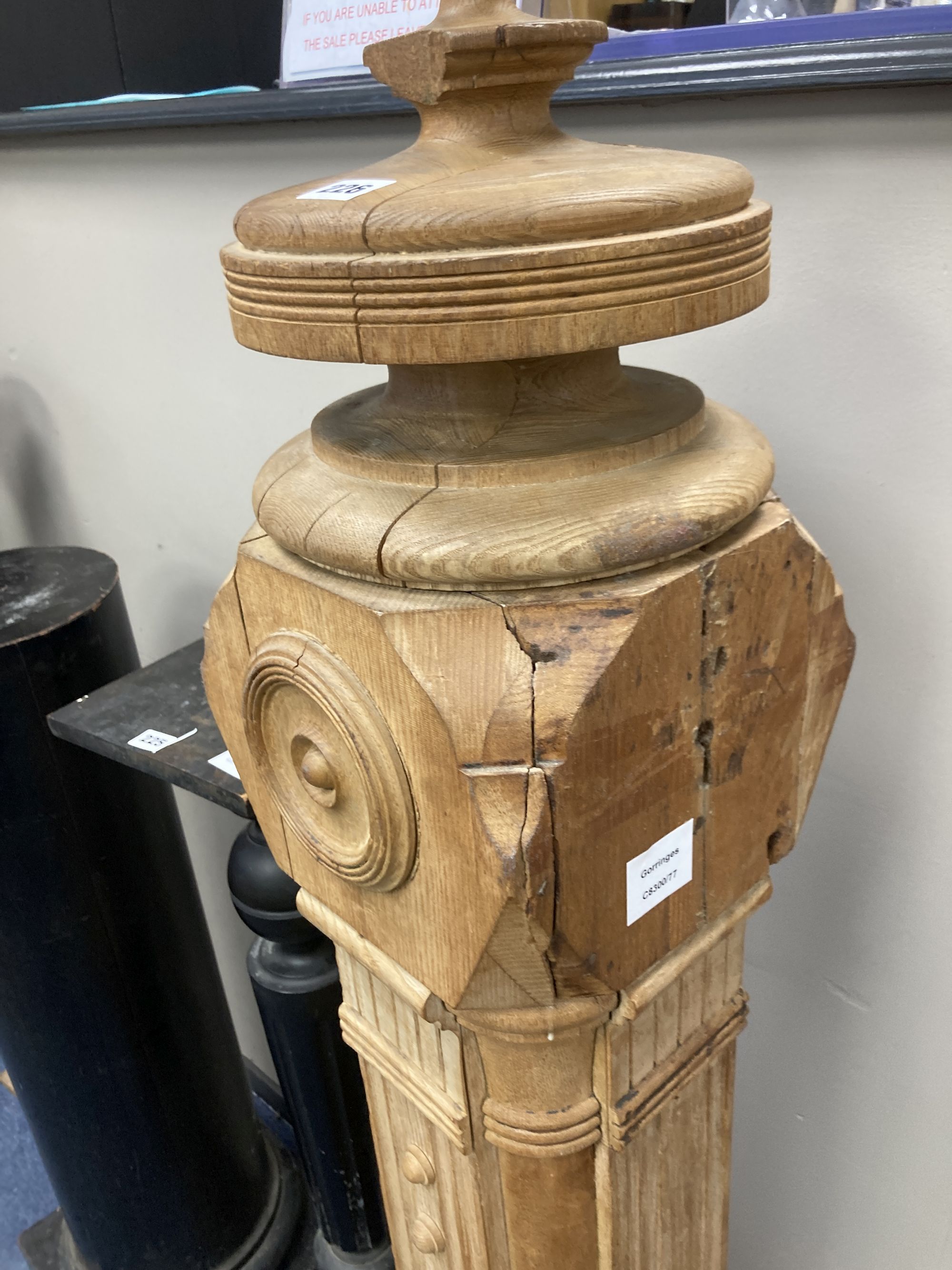 A stripped oak newell post, height 148cm